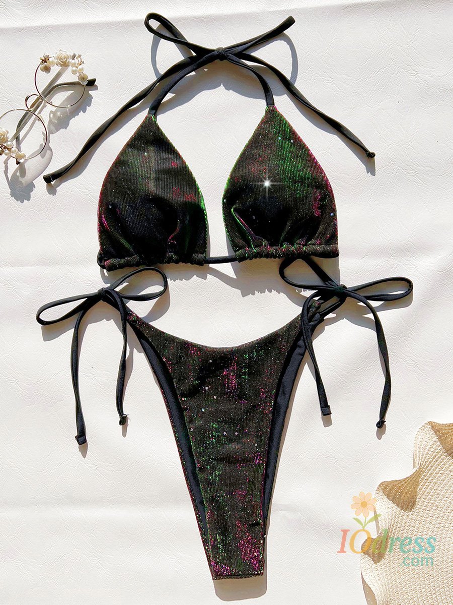 IO Dress Sexy Shiny Gradient Purple Halter Strappy Bikini Female Swimsuit Women Swimwear Two-pieces Bikini Set Bather Bathing Suit Swim