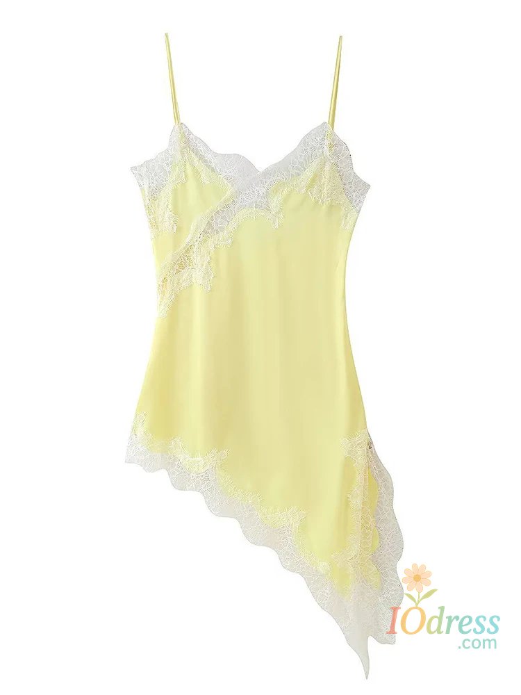 IO Dress Lace Spaghetti Strap Women Satin Dress Chic Sleeveless V Neck Irregular Hem Sling Dresses 2025 New Lady All Much Party Vestidos