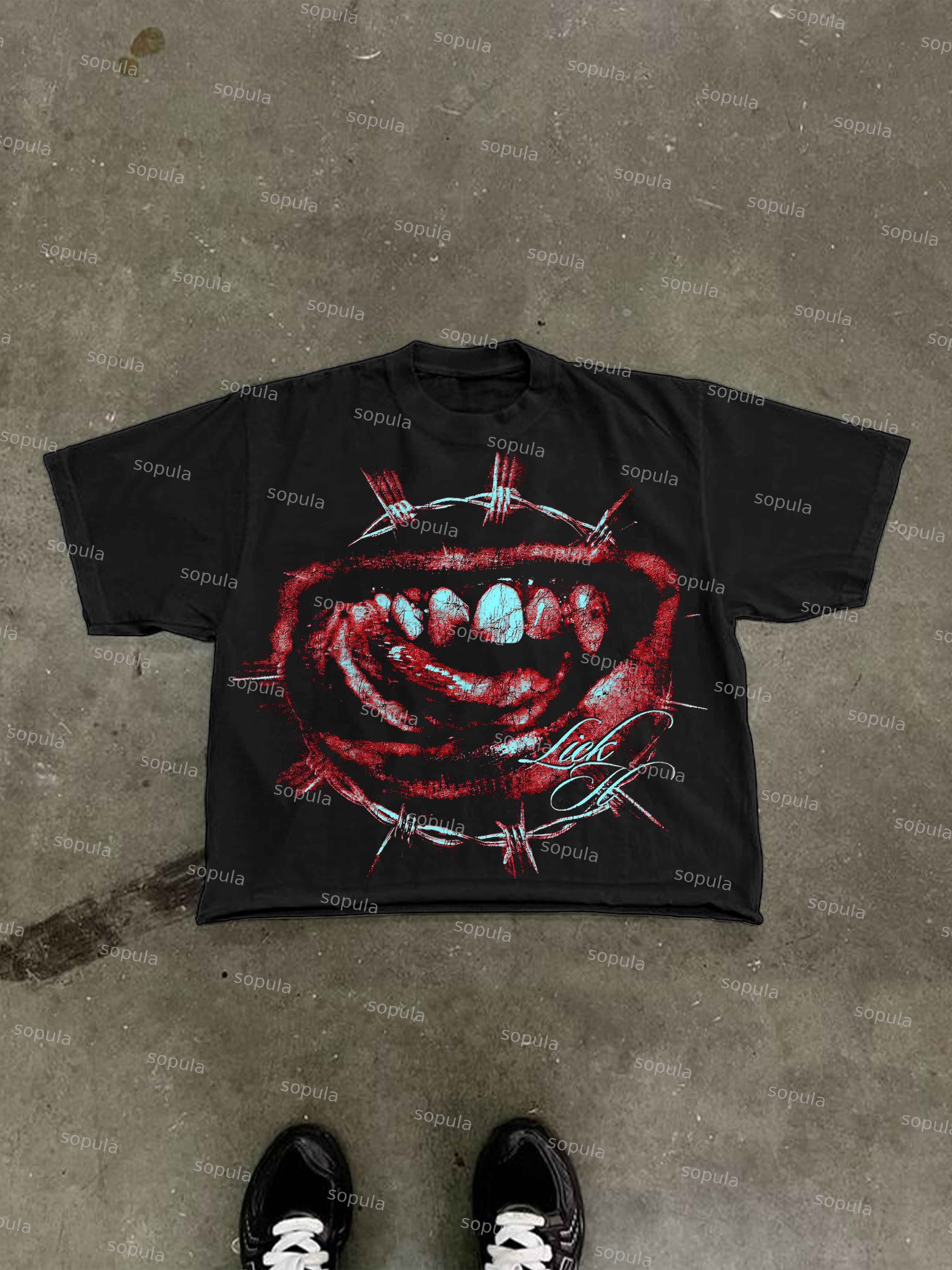 Street Spiked Lips And Teeth Graphic Print Cropped T-shirt