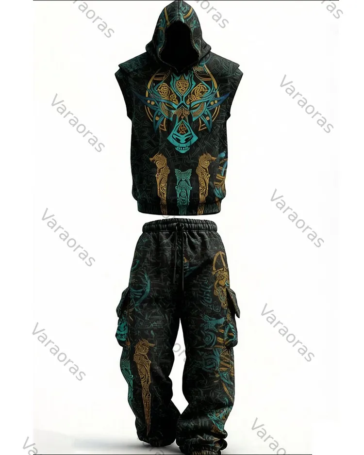 Men's Summer Fashion Viking Embroidered Short-Sleeve Hooded Top and Pants Two-Piece Set 8273