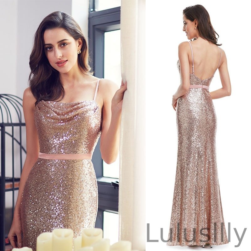 Elegant Spaghetti-Starps Sequins Prom Dress Long Evening Party Gowns - lulusllly