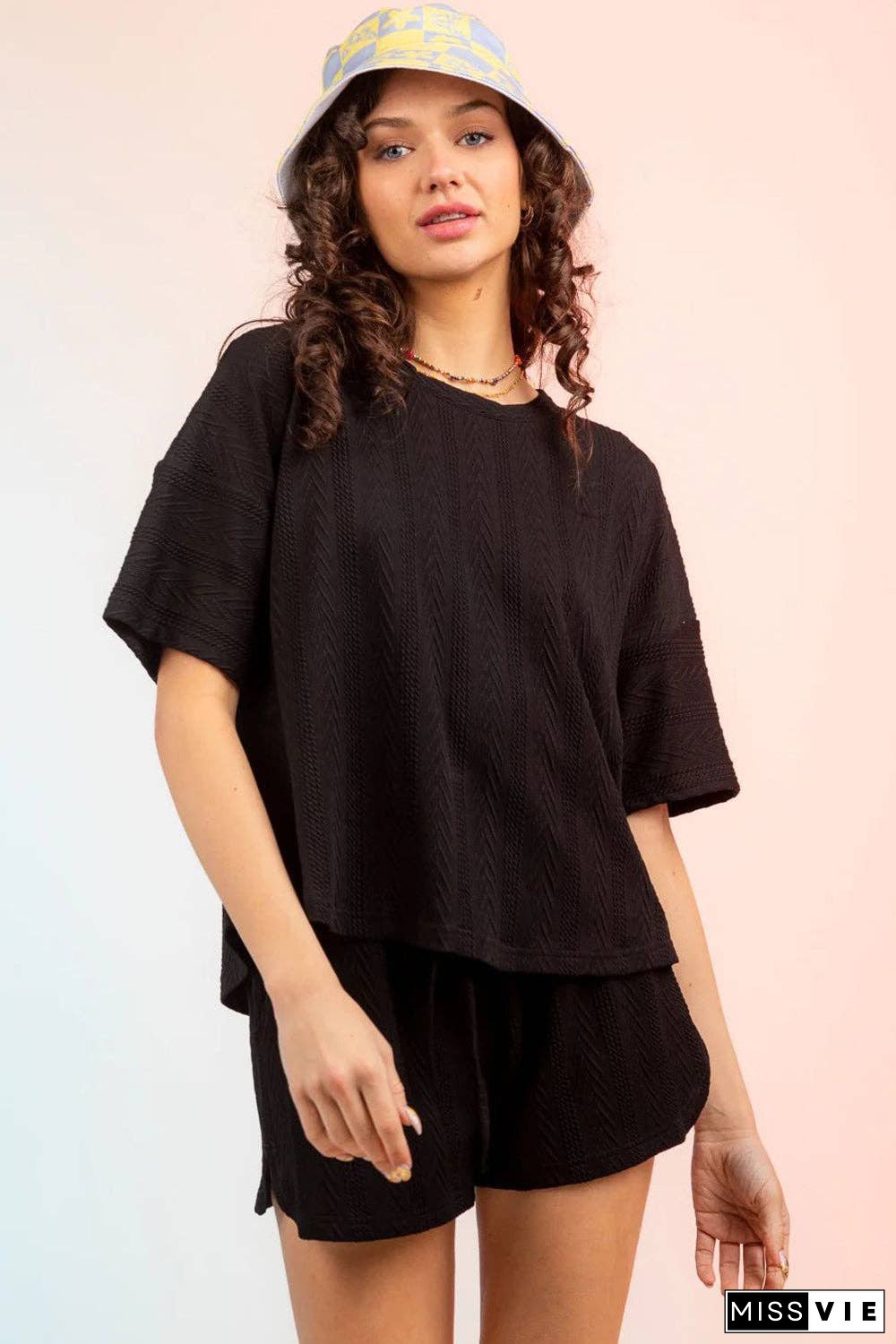 Textured Round Neck Top and Shorts Set
