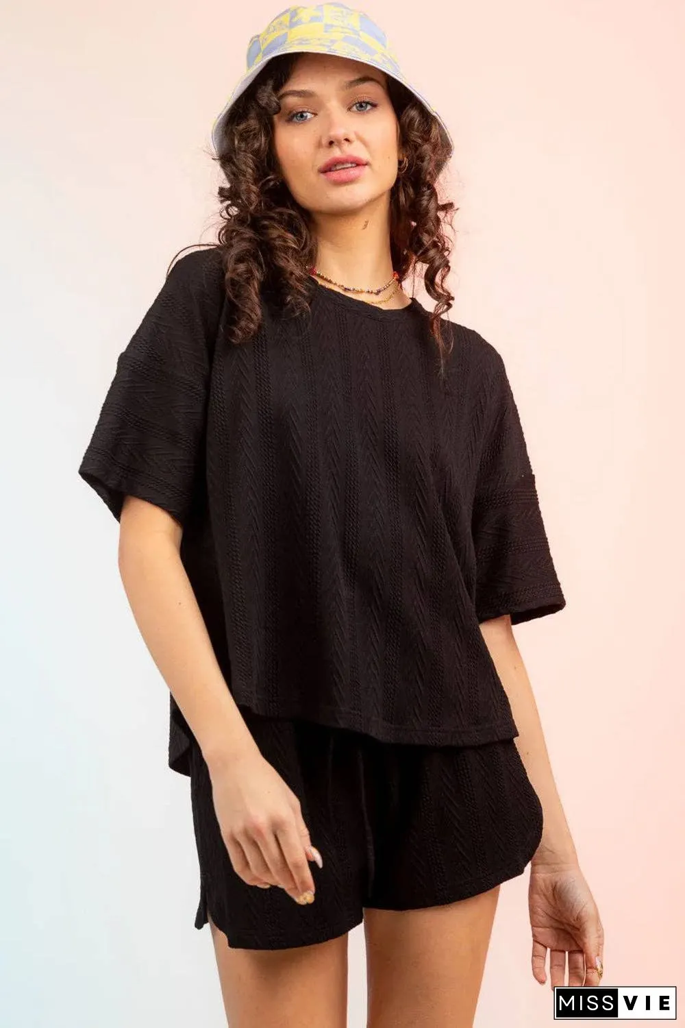 Textured Round Neck Top and Shorts Set