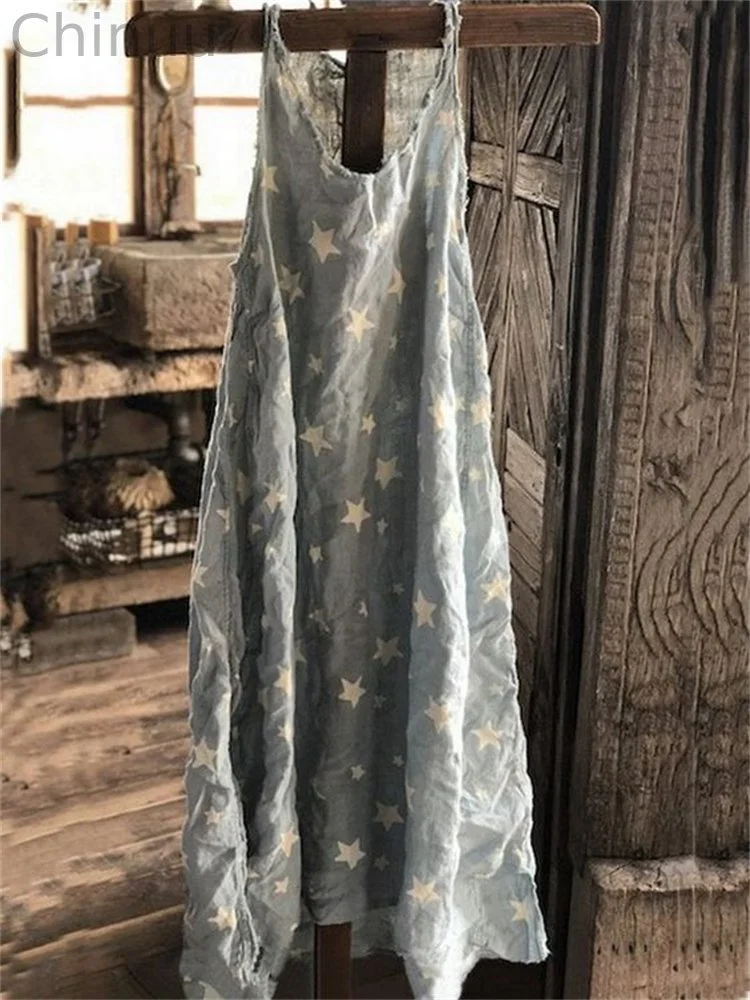 Stars Frayed Hem A Line Cami Maxi Dress