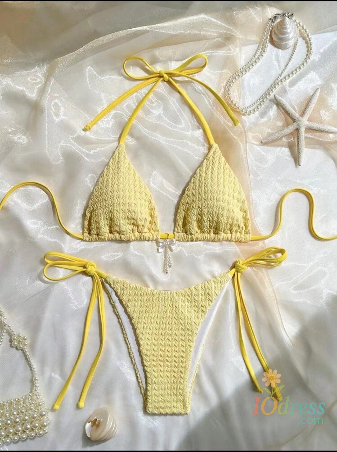 IO Dress sexy yellow bow pendant women's bikinis sets two pieces halter tie swimsuit beachwear bathing suit swimwear biquini trikini