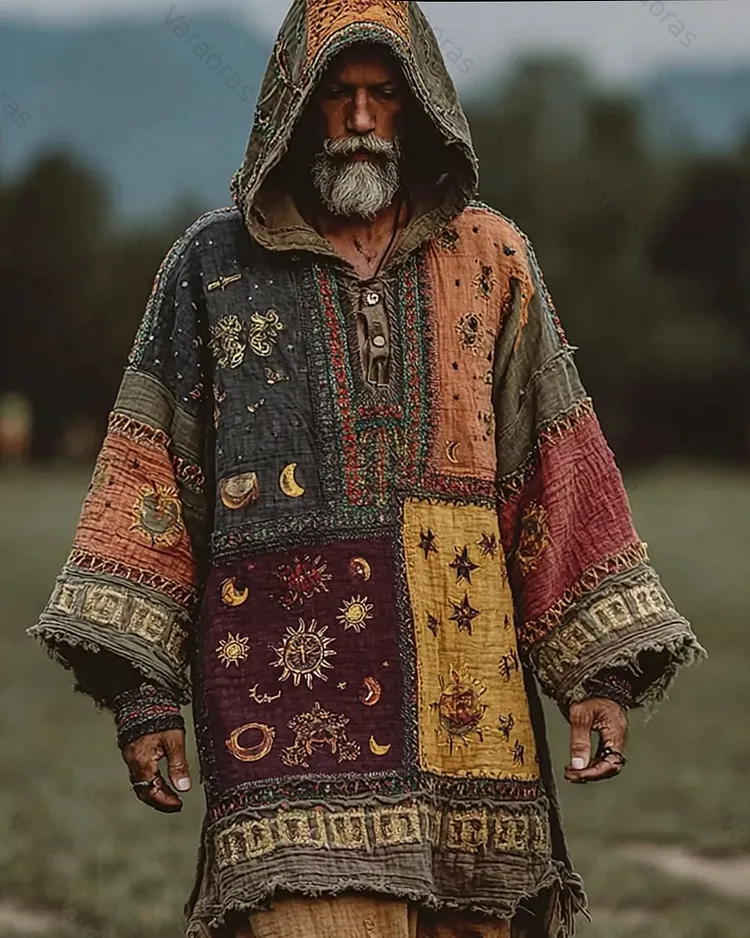 Men's Summer Star and Moon Embroidery Color Block Linen Hooded Kaftan  9304