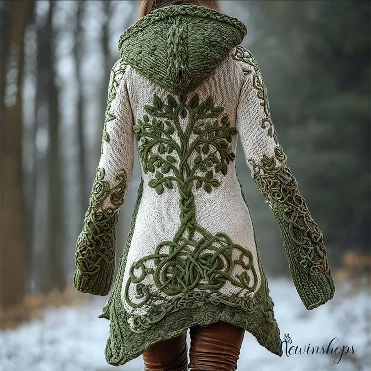 Vintage Viking Tree Of Life Celtic Contrast Cozy Hooded Cardigan