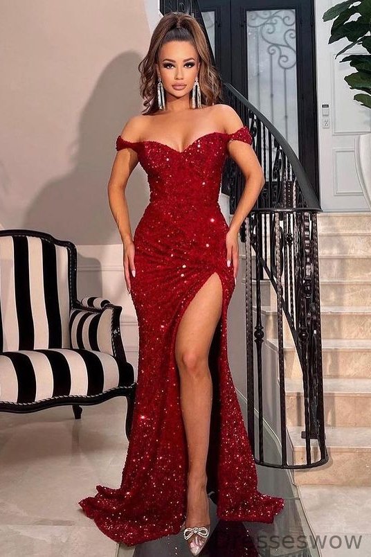 Dresseswow Off-the-Shoulder Burgundy Evening Dress Mermaid Sequins With Slit