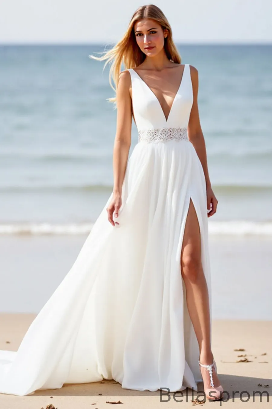 sleeveless beach wedding dresses V-Neck Sleeveless Ruched Pleated Side Slit A-Line Beach Wedding Dress   Loveiss