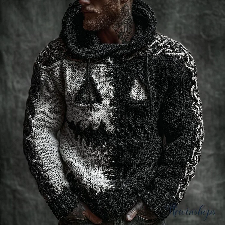Men's Halloween Pumpkin Face Contrast Stitched Cozy Knit Hooded Sweater