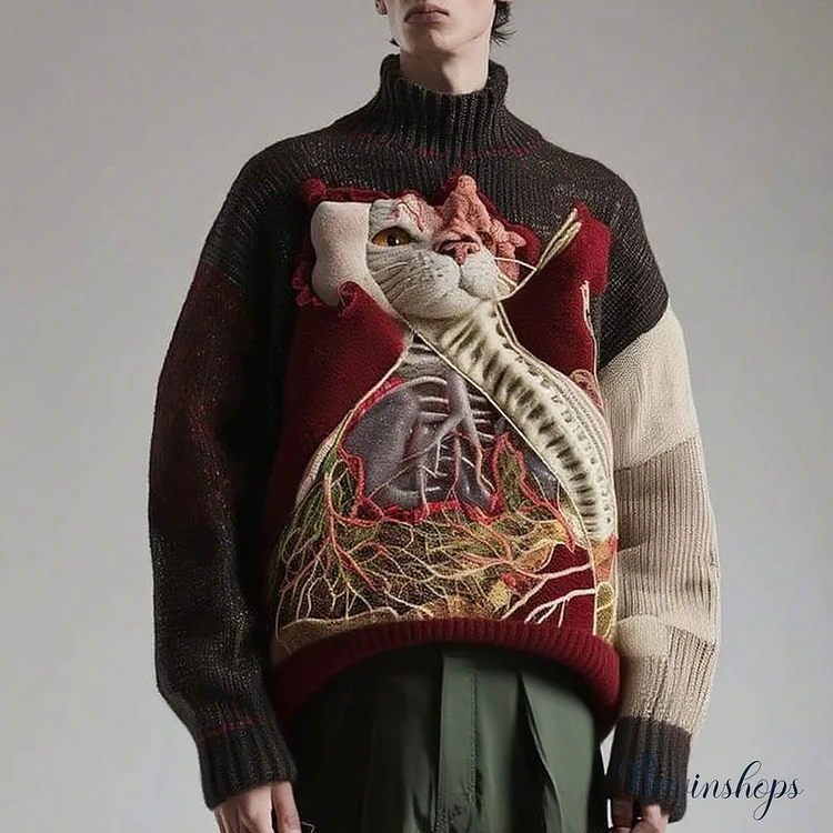 Men's Retro Cat Anatomy Knit Jacquard Turtleneck Sweater