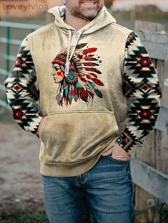Men's Fleece Retro Western Ethnic Indian Pattern Print Hooded Sweatshirt