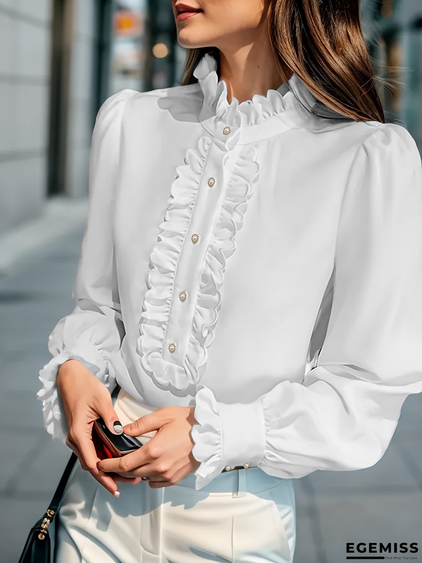 Elegant Ruffle-Embellished Commuter Shirt for Women - Versatile Long Sleeve, Button-Up, Solid Color, Perfect for Casual or Professional Wear, Casual Wear Shirt | Classic Buttonup Shirt | Ruffle Detailing, Ladies Shirts | EGEMISS