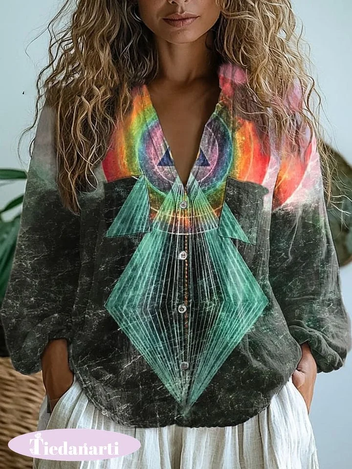 Women's  Retro Geometry Art Print Casual Long Sleeve Comfortable Cotton Shirt