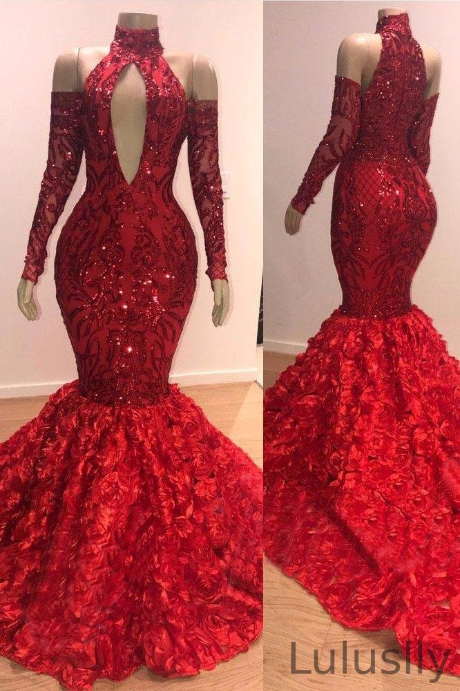Luluslly Long Sleeves Sequins Prom Dress Mermaid Flowers Evening Gowns