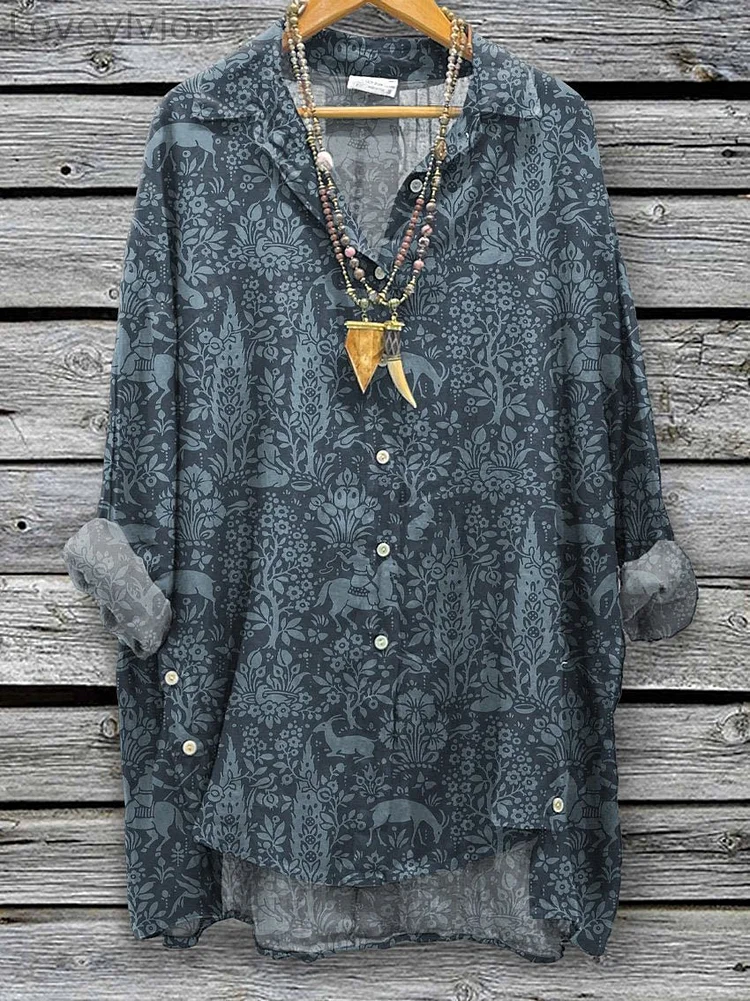 Women's Night Woodlands Repeat Pattern Printed Casual Cotton And Linen Shirt
