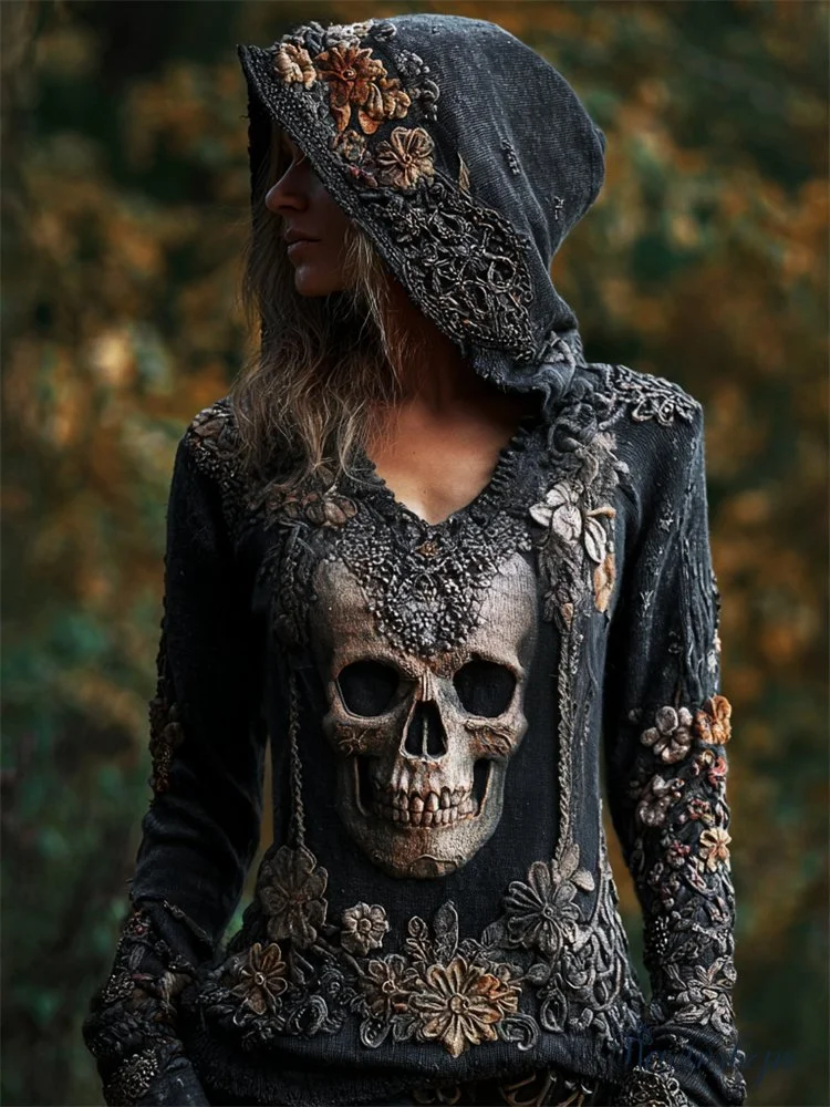 Vintage Skull Floral Beaded Slim Fit Hooded T Shirt