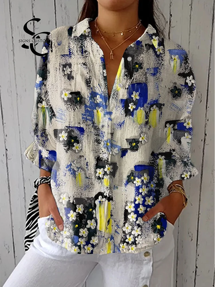 Women's Vintage Flower Art Print Casual Linen V-neck Shirt