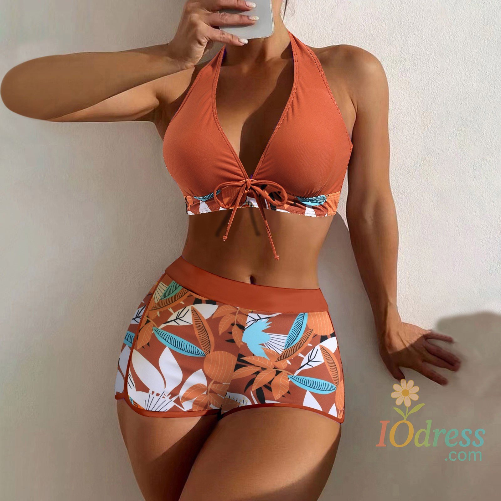 IO Dress Women's Paneled Printed Swimsuit Ladies Fashion Sexy Split Boxer High Waist Swimsuit Two-Piece Set V-Neck Bathing Suits Female