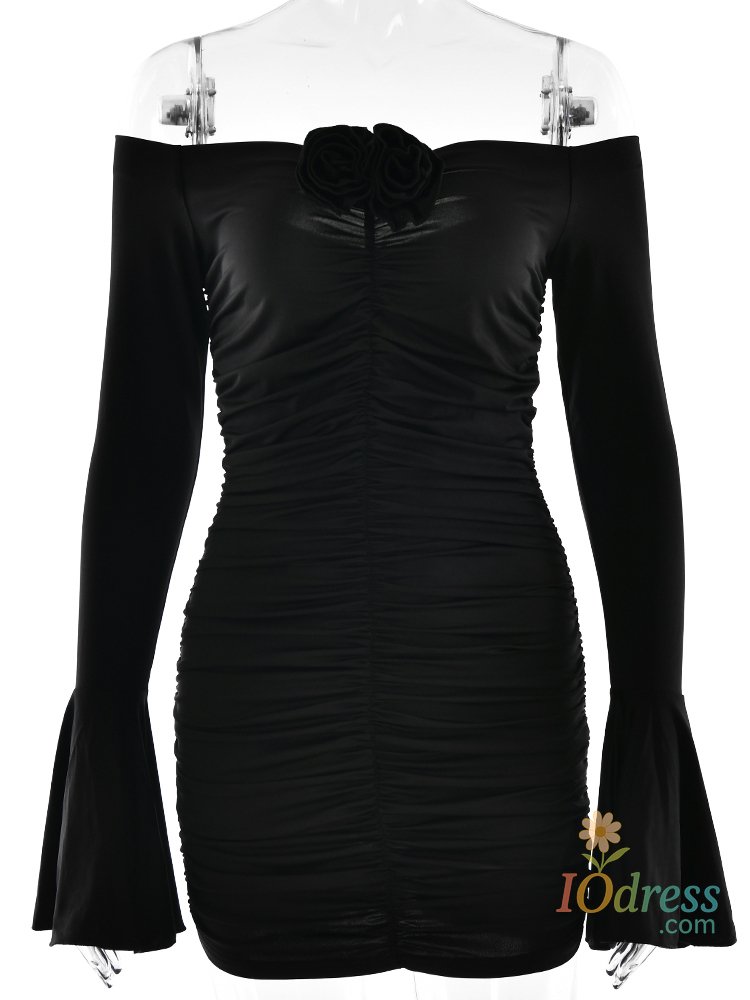 IO Dress Sibybo Flare Sleeve Ruched Mini Dress Women Robes Summer Off Shoulder Backless Bodycon Party Streetwear Elegant Sexy Dresses