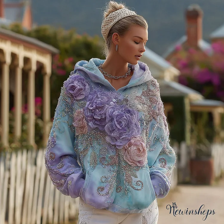 Women's Retro Purple Rose Gradient Pattern Casual Hoodie