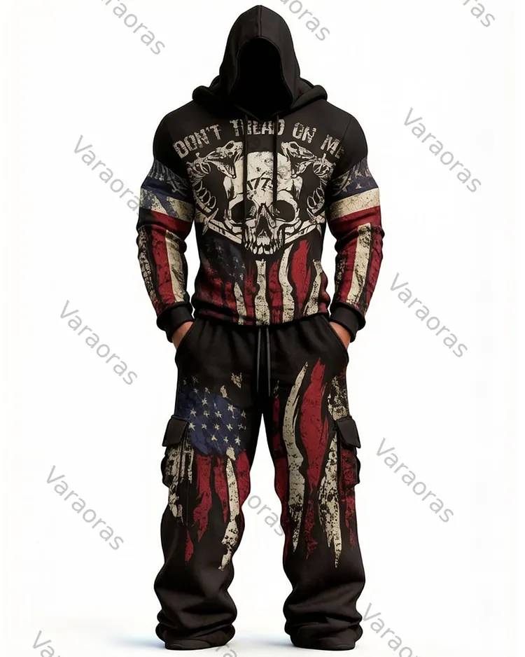 Men's Fashion  Contrast Color Skull Embroidered Hoodie & Pants Two-Piece Set 2799