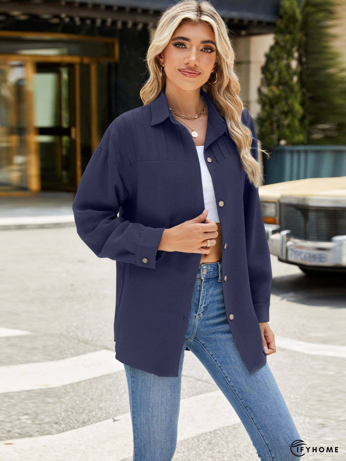 Collared Neck Long Sleeve Shirt | IFYHOME