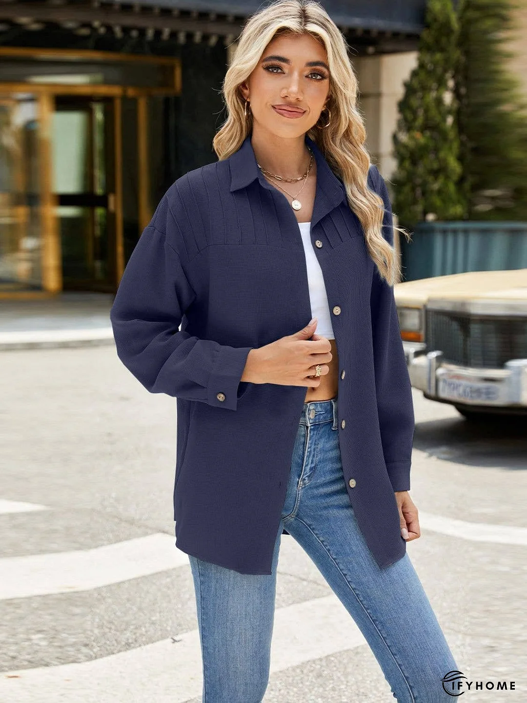 Collared Neck Long Sleeve Shirt | IFYHOME