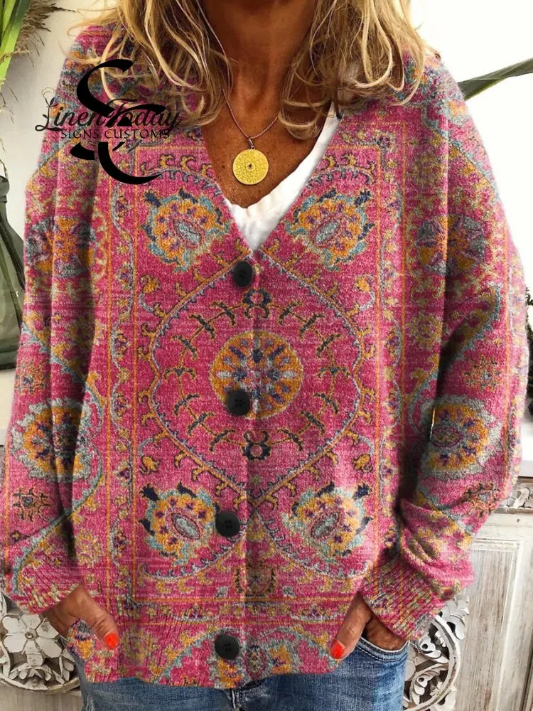 Women's Retro Flowers Totem Print Buttoned V-neck Cardigan Sweater