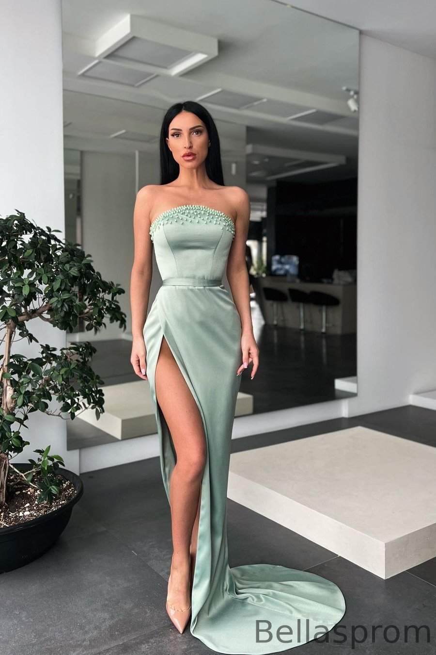 Bellasprom Long Mermaid Prom Dress With Slit Strapless Bellasprom