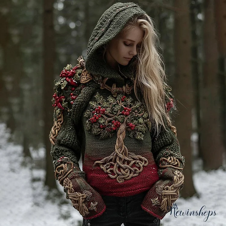 Women's Celtic Tree Of Life Christmas Tree Knit Hooded Sweater