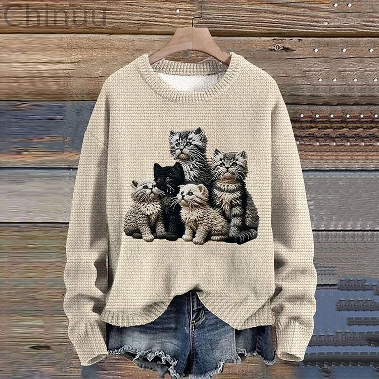 Abstract Creative Funny Cute Cat Painting Art Print Knitted Pullover Sweater