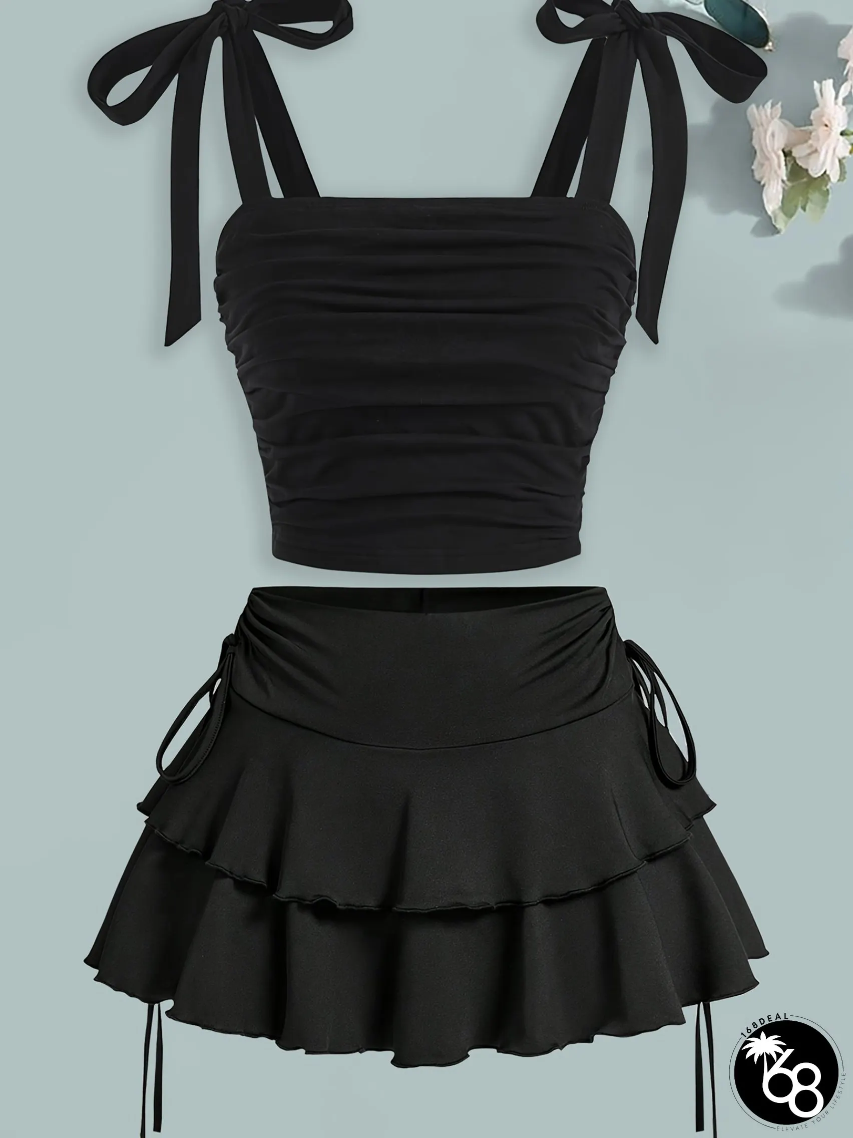 SpringSummer Short Dress Outfit Fashion Bow Tie Camisole Vest Multi-Layer Drawstring | 168DEAL