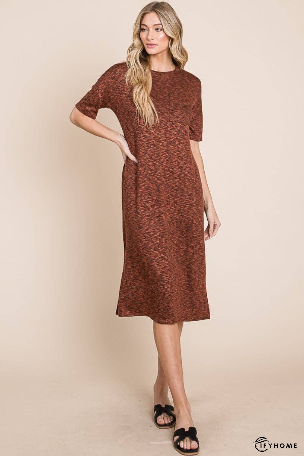 BOMBOM Round Neck Side Slit Midi Dress | IFYHOME