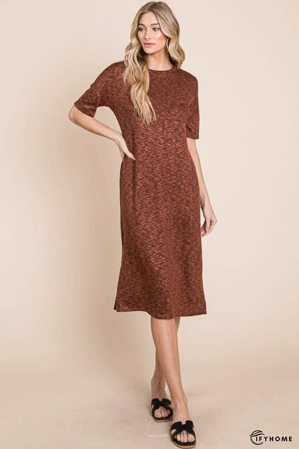 BOMBOM Round Neck Side Slit Midi Dress | IFYHOME