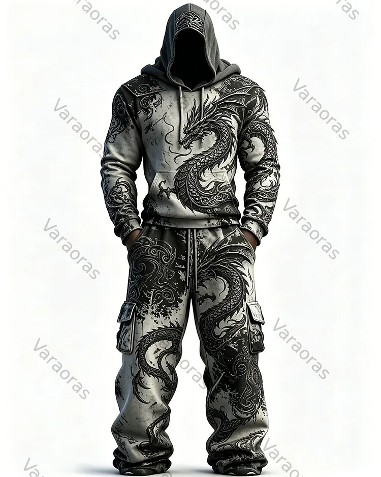 Men's Fashion Viking Contrast Color Dragon Embroidered Hoodie & Pants Two-Piece Set 3532