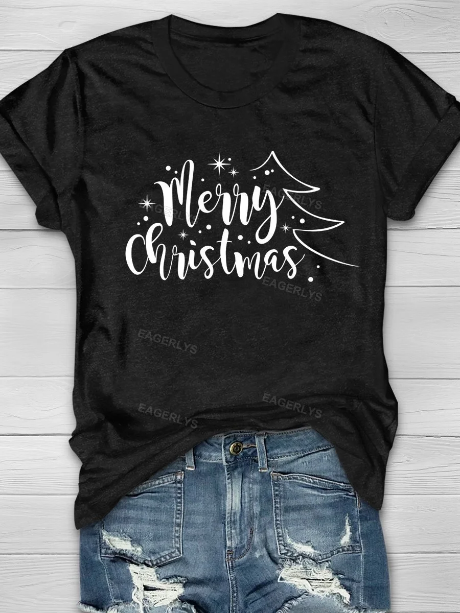 Eagerlys Merry Christmas Print Short Sleeve T-shirt Eagerlys