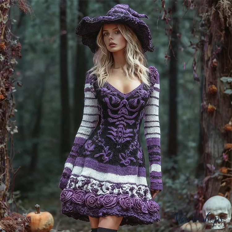 Halloween Witch Floral Art Women's Knit V-neck Mini Dress