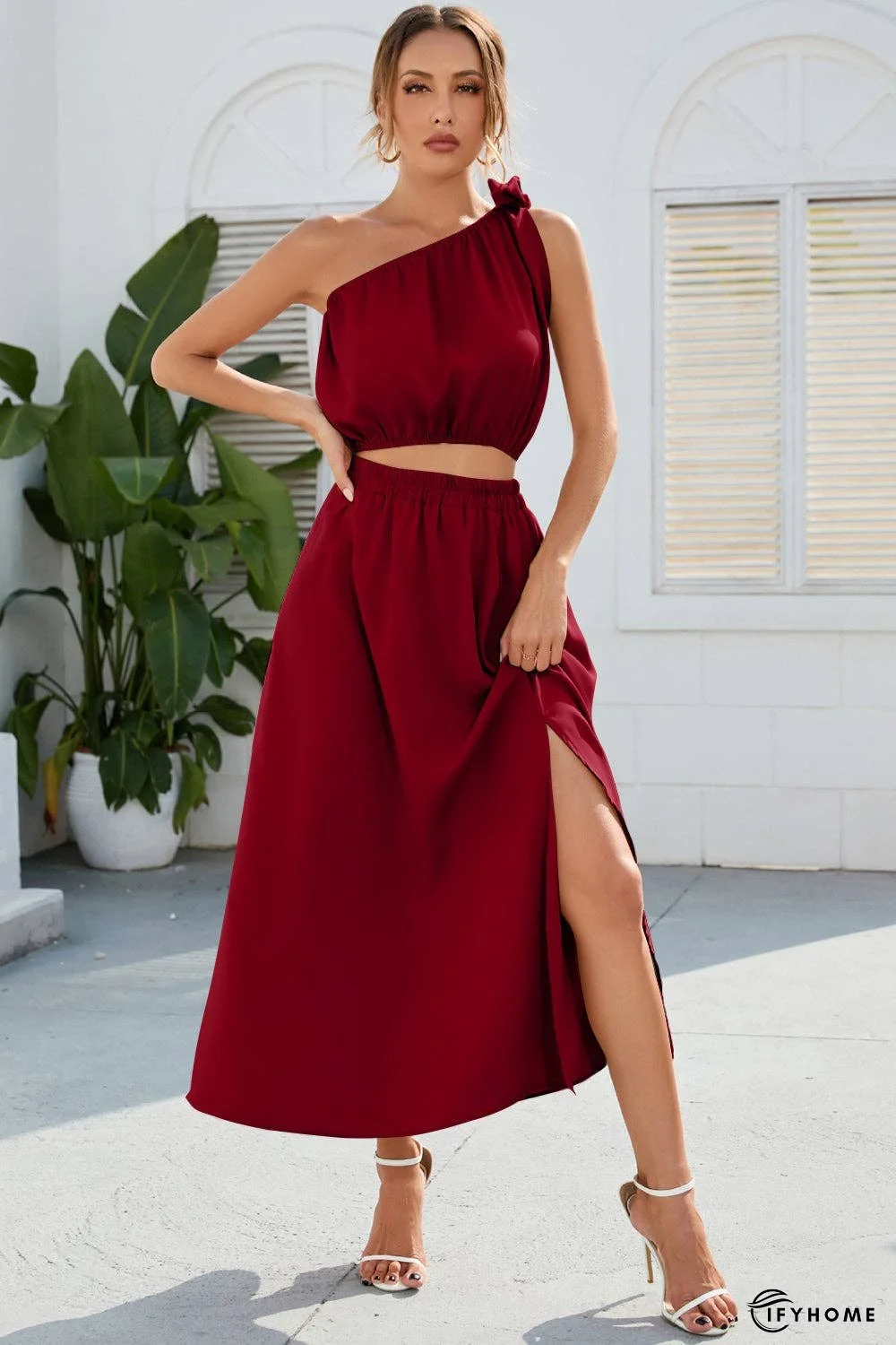 Ruched One Shoulder Top and Slit Skirt Set | IFYHOME
