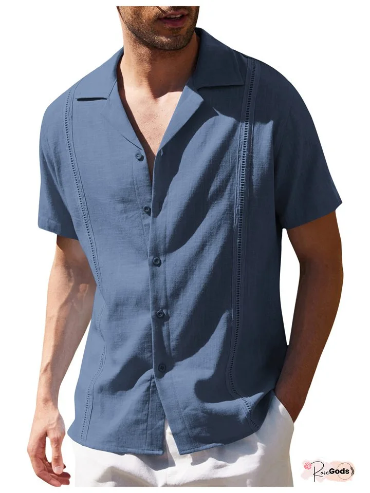 Men's Loose Casual Linen Shirt Cuban Guayabera Short-sleeved Beach Shirt Casual Shirt