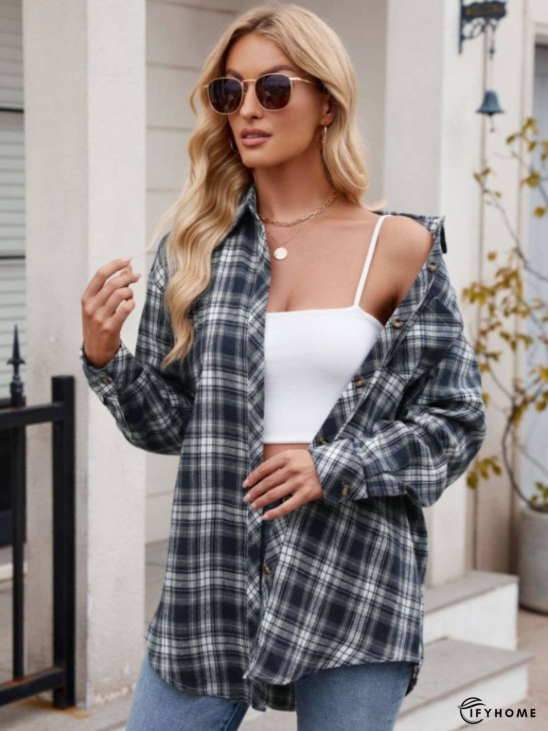 Pocketed Plaid Collared Neck Long Sleeve Shirt | IFYHOME