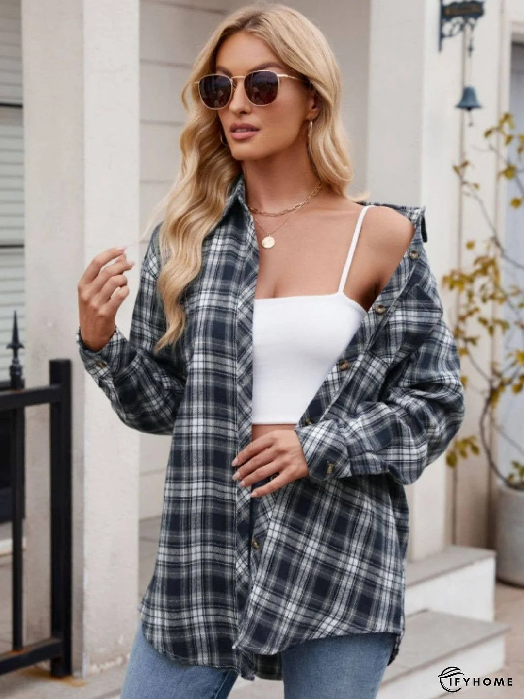 Pocketed Plaid Collared Neck Long Sleeve Shirt | IFYHOME