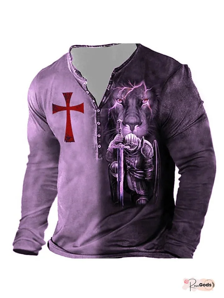 Men's Henley Shirt T shirt Tee Tee Graphic Templar Cross Cross Henley Blue Purple Yellow Gray 3D Print Plus Size Outdoor Daily Long Sleeve Button-Down Print Clothing Apparel Basic Designer Classic