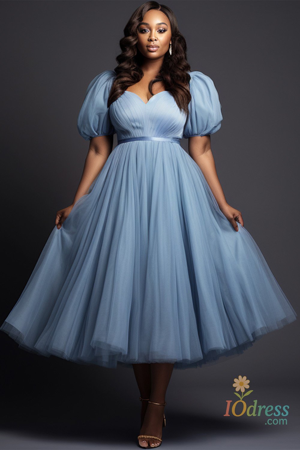 IO Dress Plus Size Prom Purple Puff Sleeve Short Sleeve Pleated Tulle Midi Dresses IO Dress
