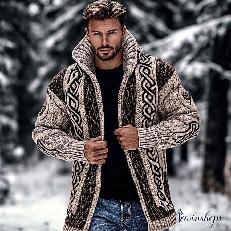 Men's Vintage Celtic Knot Jacquard Chunky Knit Cozy Mid-length Cardigan Sweater