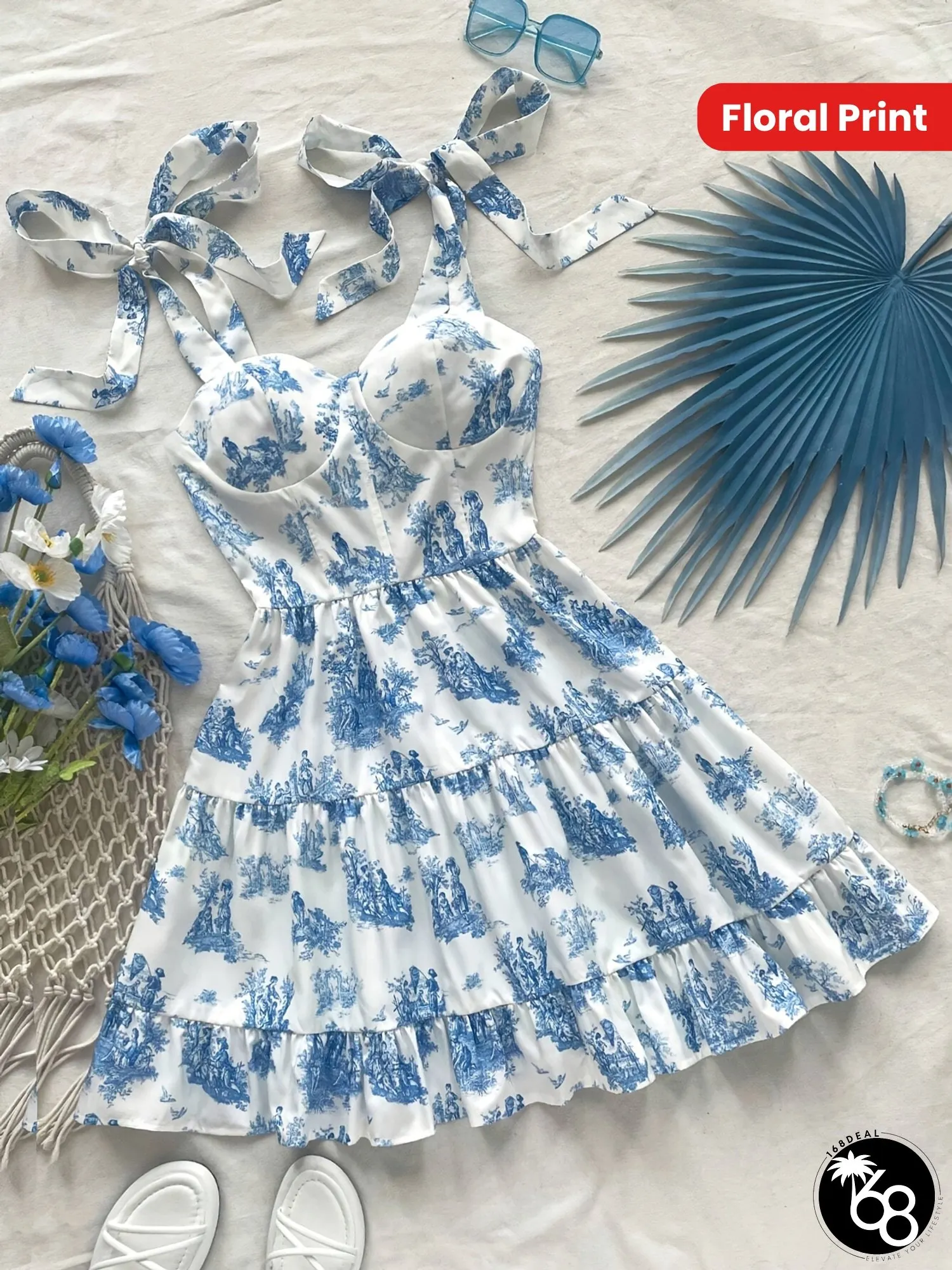 Elegant Off-Shoulder Print Dress Womens Tie with Ruffle Hem and Shirred Detail Blue White | 168DEAL