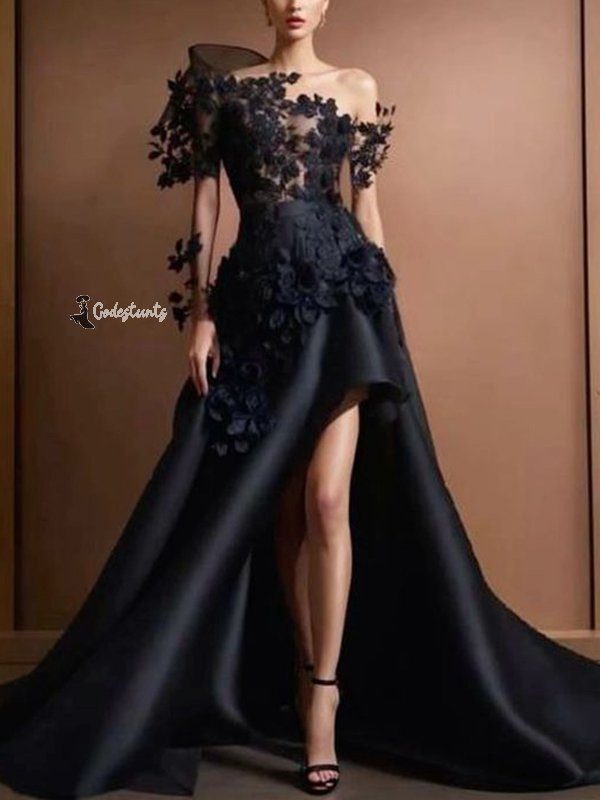 One Shoulder Mesh Solid Color Maxi Dress