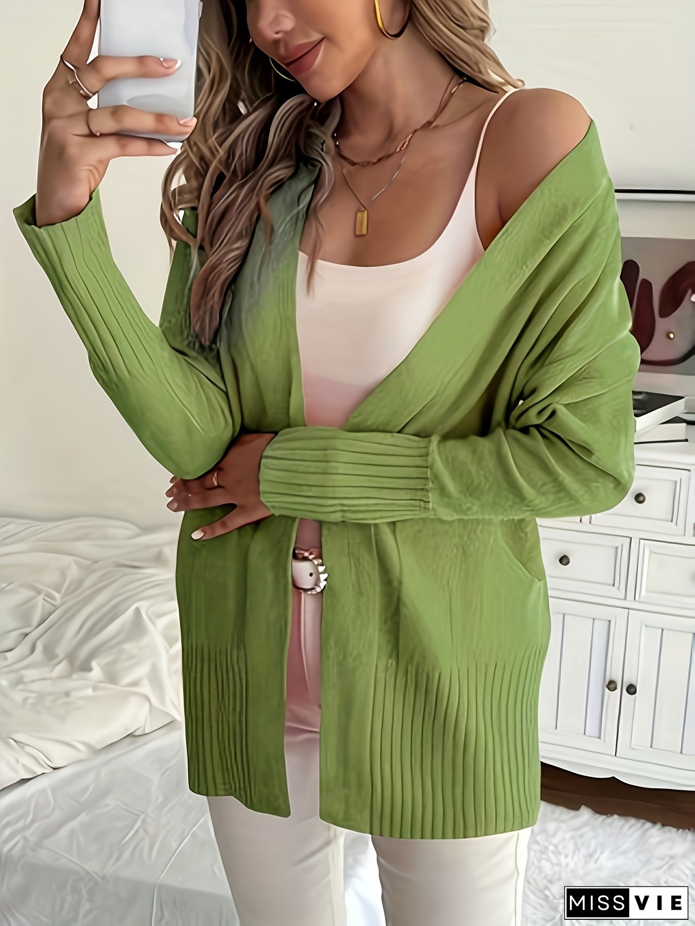 pink oversized long sleeve cardigan women solid color medium stretch pockets fallwinter