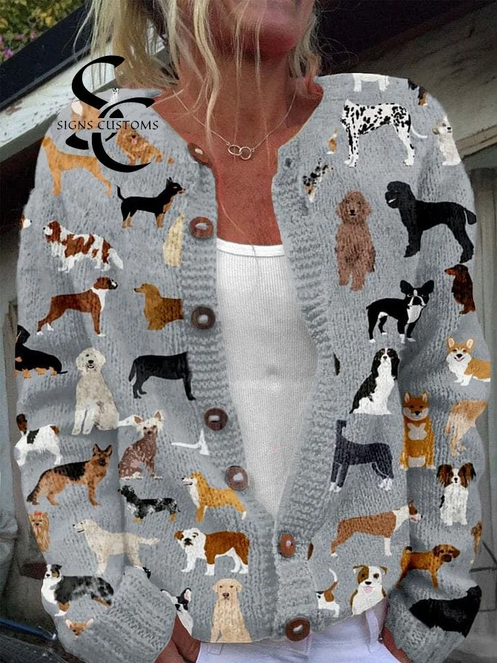 Cozy Cardigan Featuring Graphics of Multiple Dog Breeds