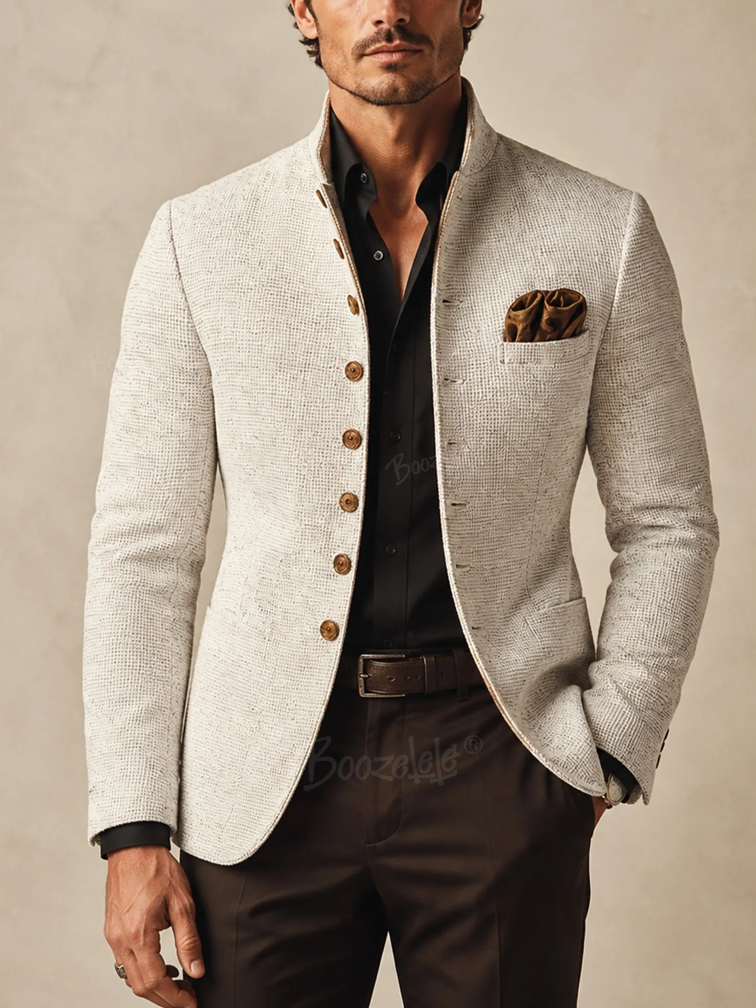 Perfect for fall art exhibitions and cocktail parties &mdash; Single-breasted, multi-button, stand-up collar, subtly textured men's suit jacket